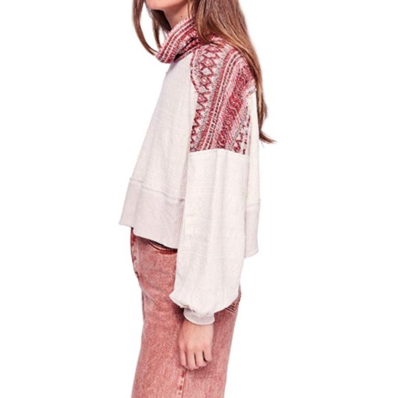 NWT Free People At the Lodge Cowl Neck Sweater Pullover XS Cream Red - Picture 3 of 8